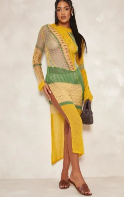 Tall Yellow Open Knit Distressed Maxi Dress With Side Split