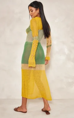 Tall Yellow Open Knit Distressed Maxi Dress With Side Split
