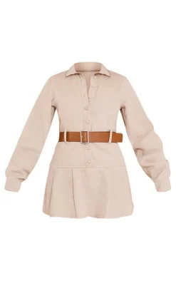 Tan Belted Pleated Denim Micro Mini Dress