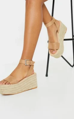 Tan Buckle Ankle Strap Flatform Espadrille Sandal