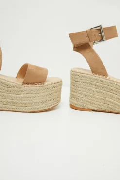 Tan Buckle Ankle Strap Flatform Espadrille Sandal