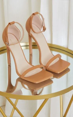 Tan Clover Barely There Strappy Squared Toe Heeled Sandals