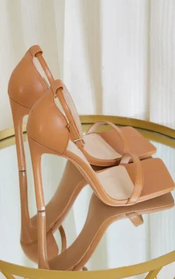 Tan Clover Barely There Strappy Squared Toe Heeled Sandals