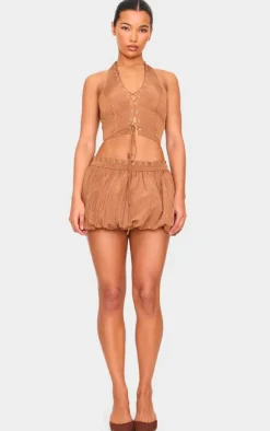 Tan Crinkle Eyelet Detail Halterneck Top