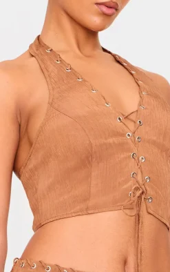 Tan Crinkle Eyelet Detail Halterneck Top