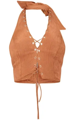 Tan Crinkle Eyelet Detail Halterneck Top