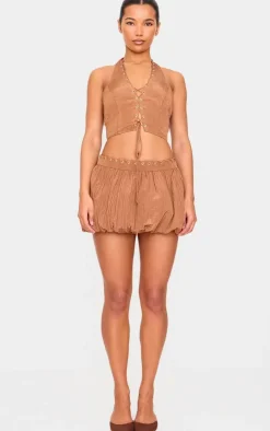 Tan Crinkle Eyelet Detail Puff Ball Skirt