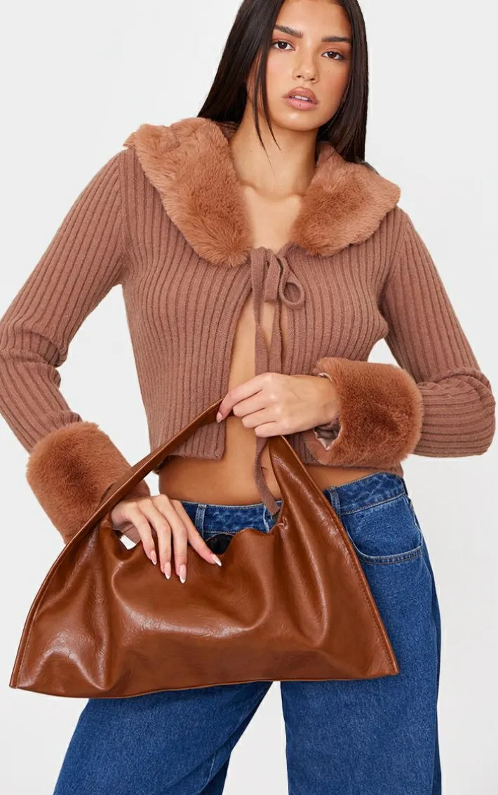 Tan Crinkle PU Rectangular Slouch Shoulder Bag