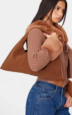 Tan Crinkle PU Rectangular Slouch Shoulder Bag