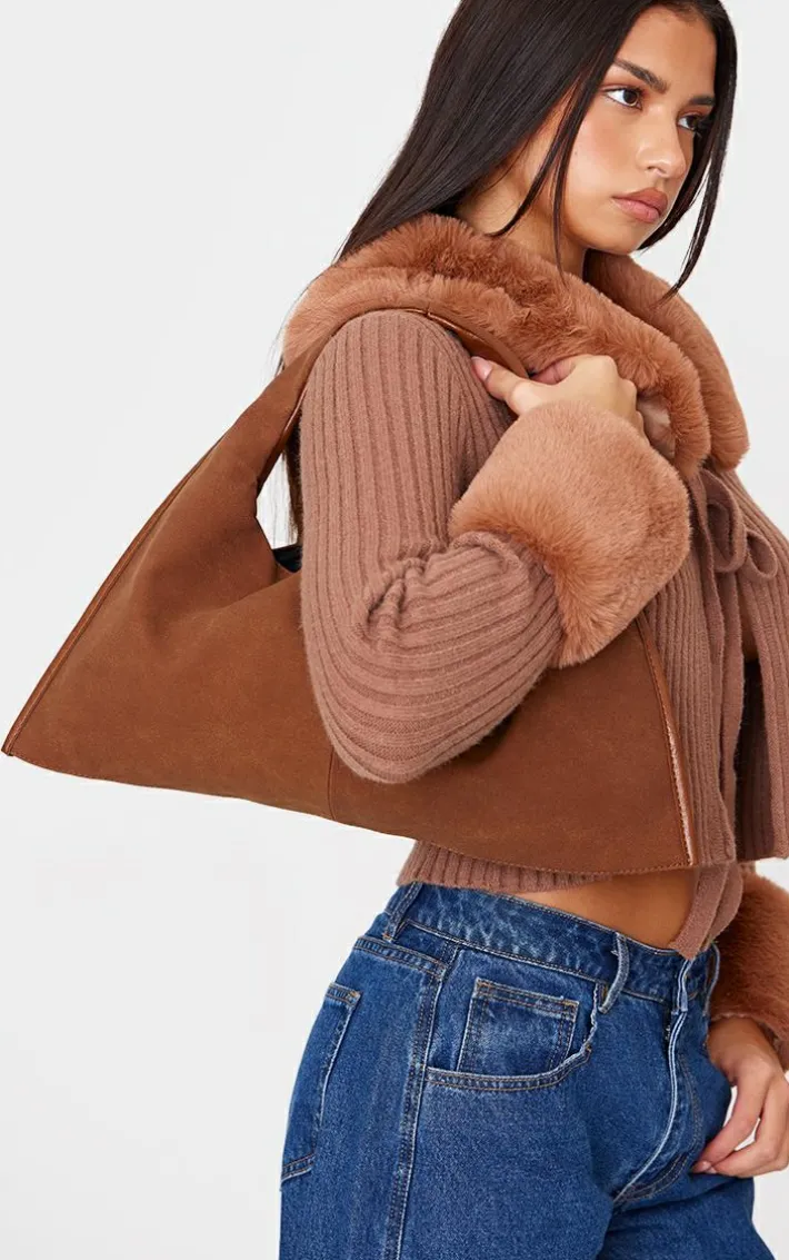 Tan Crinkle PU Rectangular Slouch Shoulder Bag