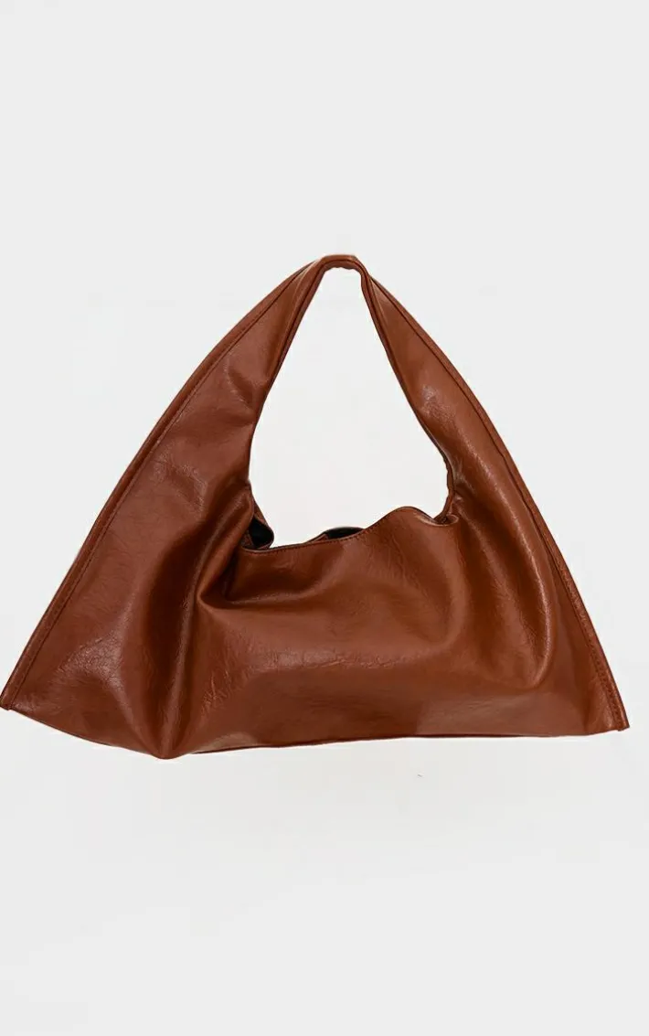 Tan Crinkle PU Rectangular Slouch Shoulder Bag