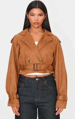 Tan Cropped Faux Suede Belted Trench Coat