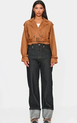 Tan Cropped Faux Suede Belted Trench Coat