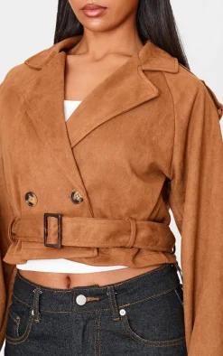 Tan Cropped Faux Suede Belted Trench Coat