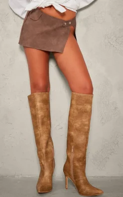 Tan Distressed Pu Point Toe Knee High Heeled Boots
