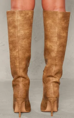 Tan Distressed Pu Point Toe Knee High Heeled Boots