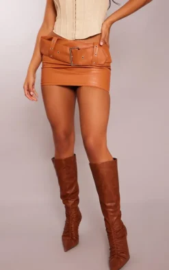 Tan Faux Leather Belted Low Rise Micro Mini Skirt