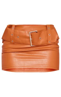 Tan Faux Leather Belted Low Rise Micro Mini Skirt