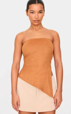Tan Faux Suede Asymmetric Hem Bandeau Top