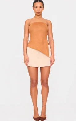 Tan Faux Suede Asymmetric Hem Bandeau Top