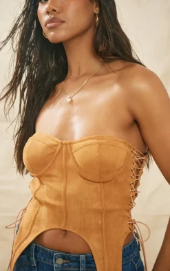 Tan Faux Suede Binded Eyelet Lace Up Side Suspender Detail Corset