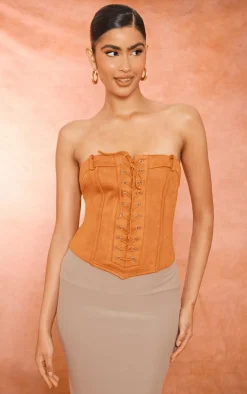 Tan Faux Suede Eyelet Lace Up Bandeau Corset