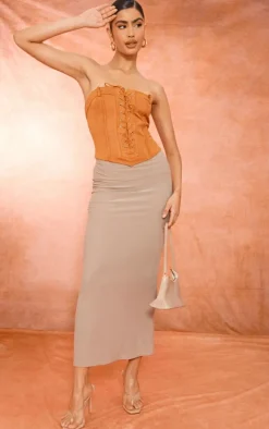 Tan Faux Suede Eyelet Lace Up Bandeau Corset