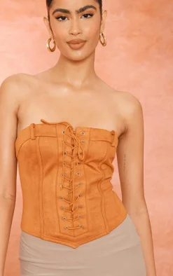 Tan Faux Suede Eyelet Lace Up Bandeau Corset
