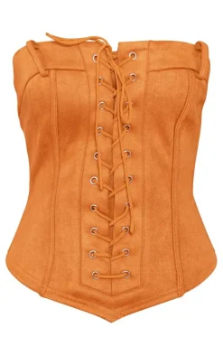 Tan Faux Suede Eyelet Lace Up Bandeau Corset