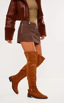 Tan Faux Suede Gold Buckle Over The Knee Boots