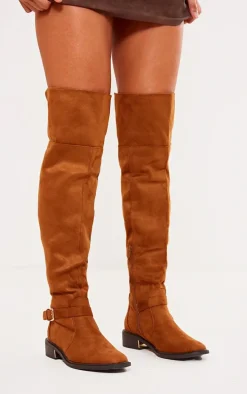Tan Faux Suede Gold Buckle Over The Knee Boots