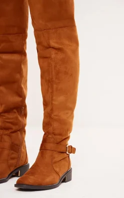 Tan Faux Suede Gold Buckle Over The Knee Boots