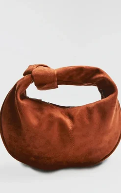 Tan Faux Suede Knot Handle Shoulder Bag