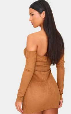 Tan Faux Suede Lace Up Detail Bardot Bodycon Dress