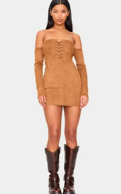 Tan Faux Suede Lace Up Detail Bardot Bodycon Dress