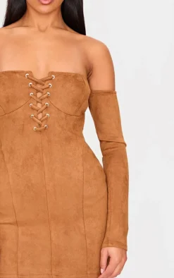 Tan Faux Suede Lace Up Detail Bardot Bodycon Dress