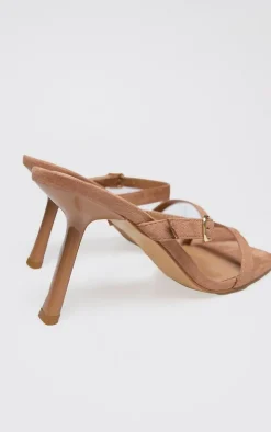Tan Faux Suede Square Toe Strappy Heeled Mule Sandals