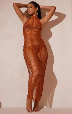 Tan Knitted Tassel Maxi Beach Dress