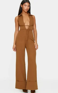 Tan Mini Belt Detail Plunge Straight Leg Jumpsuit