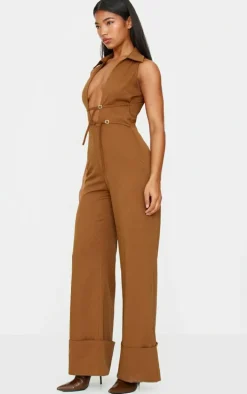 Tan Mini Belt Detail Plunge Straight Leg Jumpsuit