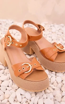 Tan PU Buckle Detail Wood Effect Chunky Sandals
