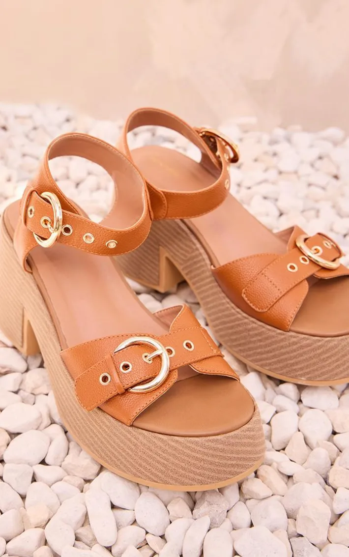 Tan PU Buckle Detail Wood Effect Chunky Sandals