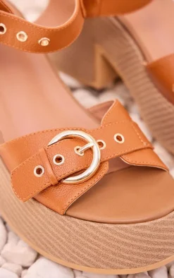 Tan PU Buckle Detail Wood Effect Chunky Sandals