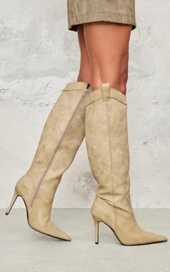 Tan Pu Point Toe Knee High Western Stiletto Boots