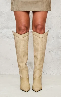Tan Pu Point Toe Knee High Western Stiletto Boots