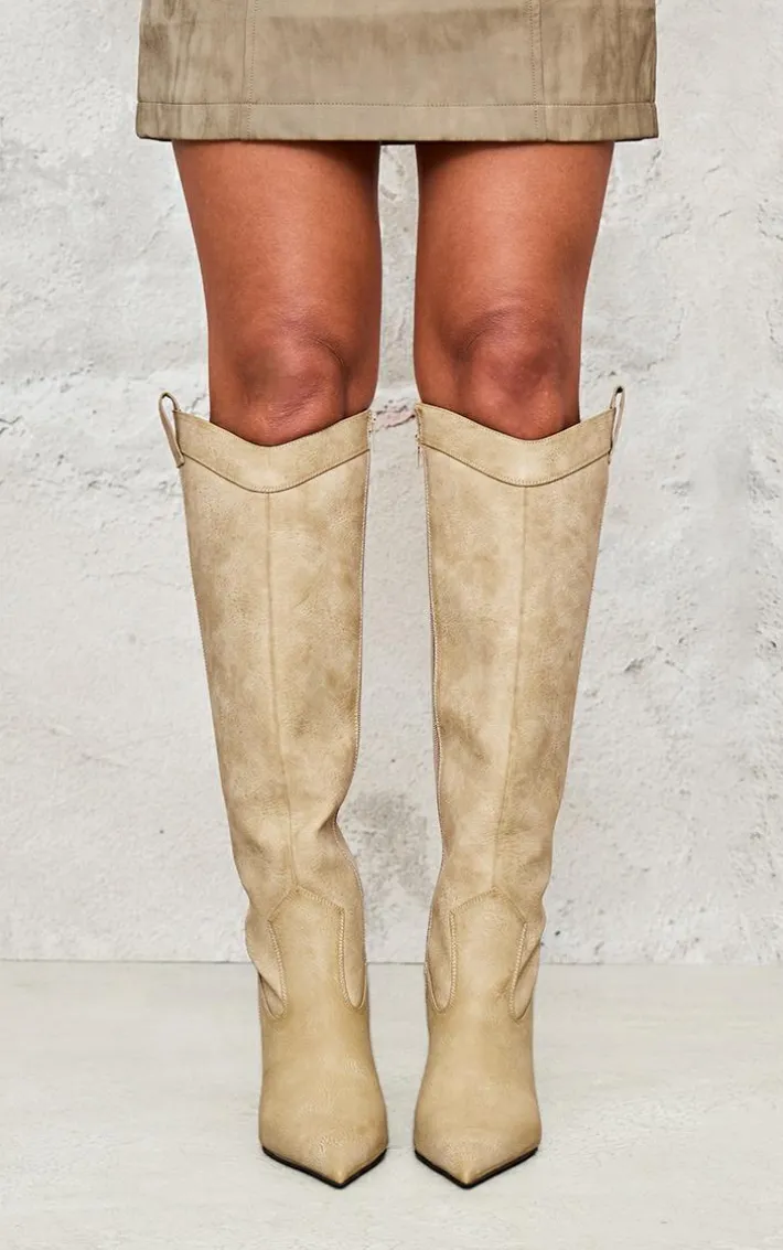 Tan Pu Point Toe Knee High Western Stiletto Boots