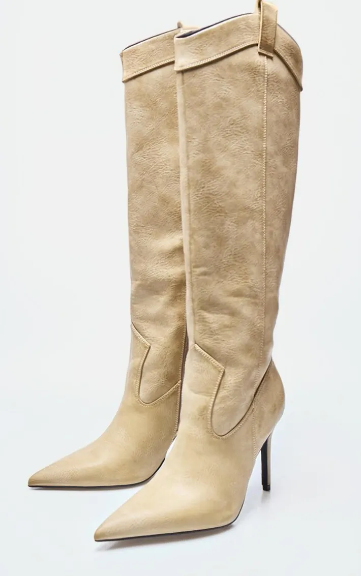 Tan Pu Point Toe Knee High Western Stiletto Boots