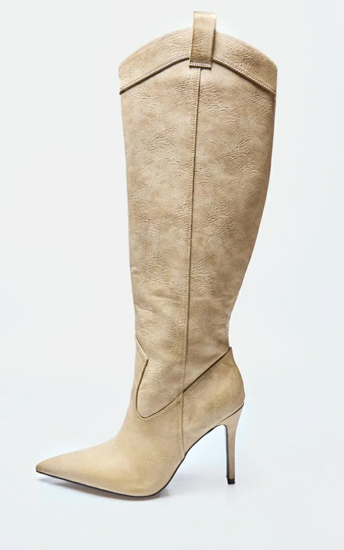Tan Pu Point Toe Knee High Western Stiletto Boots