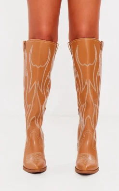 Tan PU Point Toe Western Knee High Boots