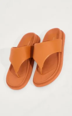 Tan Pu Round Toe Thong Footbed Flat Sandals